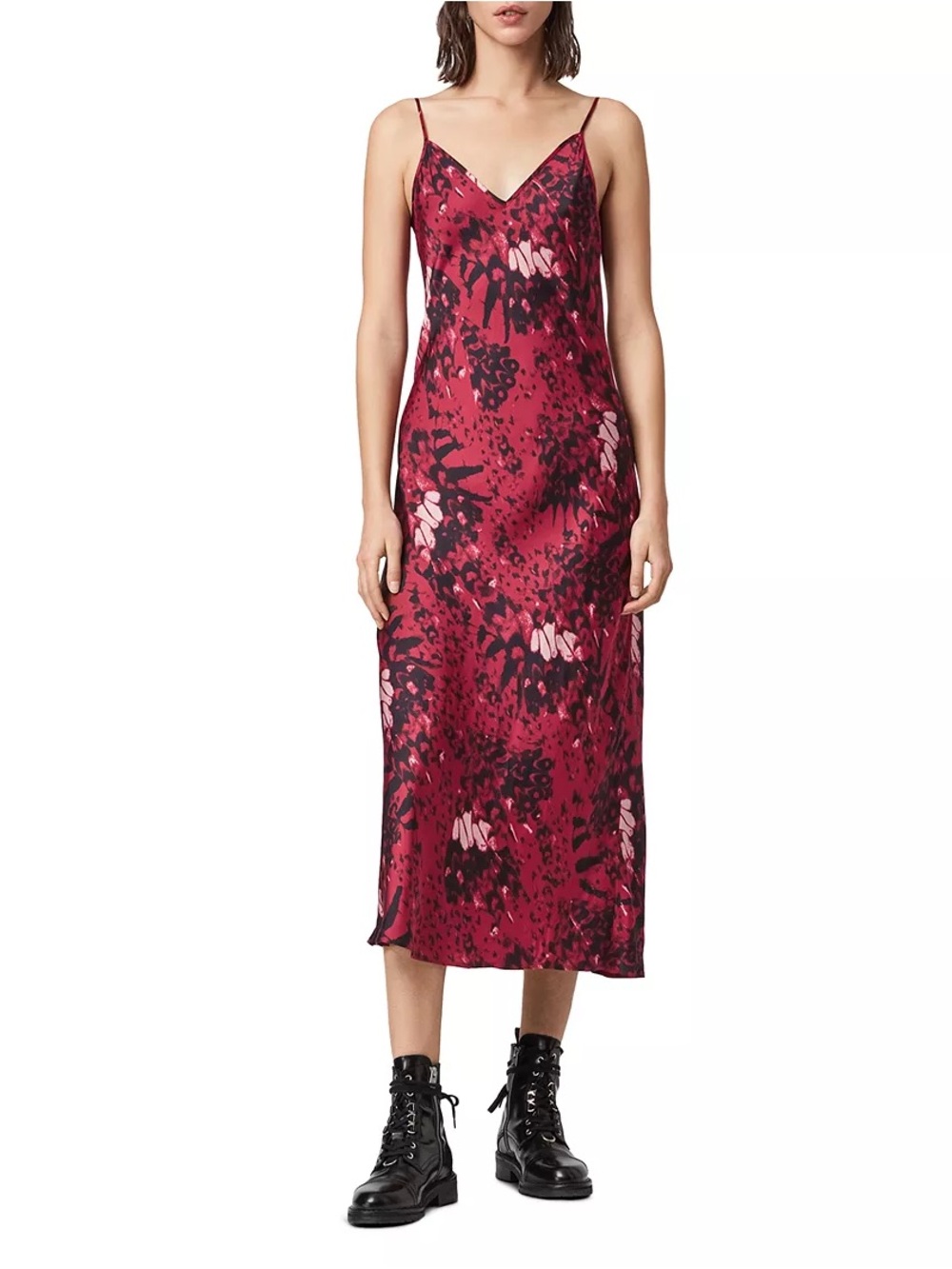 AllSaints Berry Red Floral Slip Midi Dress